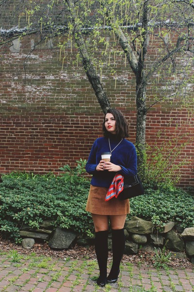 Navy-thrifted-sweater-red-christian-dior-scarf-dark-brown-thrifted-skirt