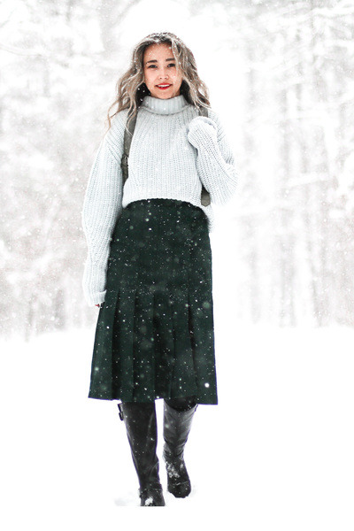 Aquamarine-j-crew-sweater-dark-green-etsy-skirt